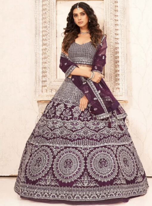 Wine Net Heavy Designer Bridal Lehenga Choli