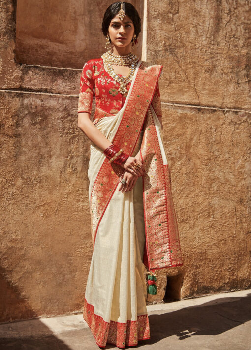 Cream Woven Silk Embroidered Saree