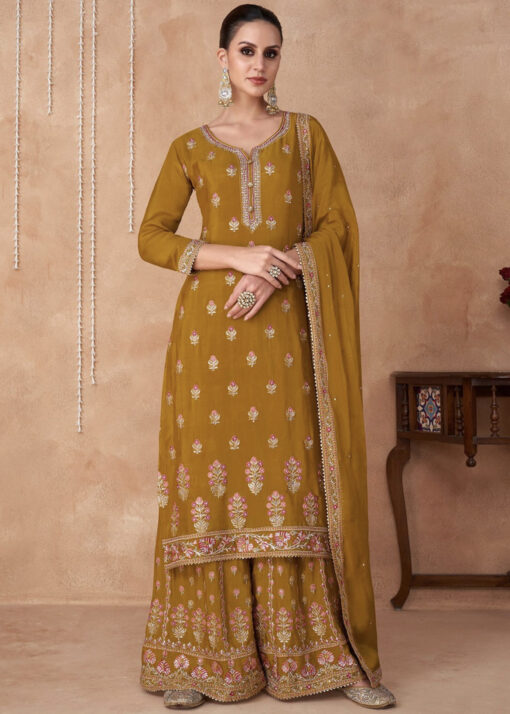 Mustard Straight Cut Embroidered Palazzo Suit