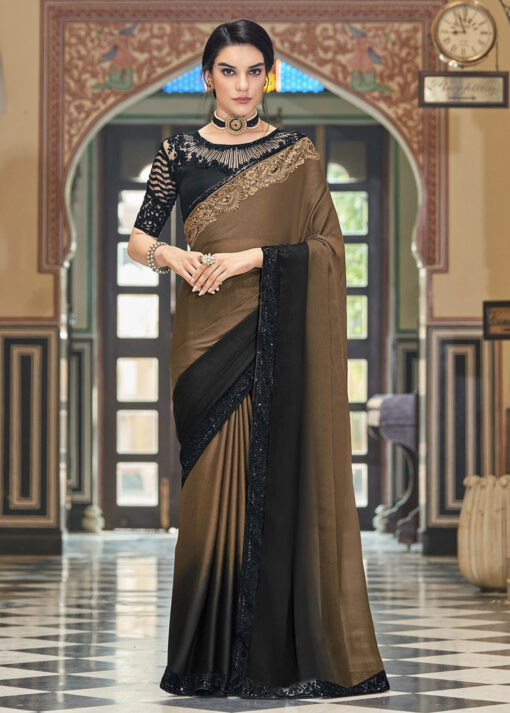 Brown & Black Sequence Party Wear Saree