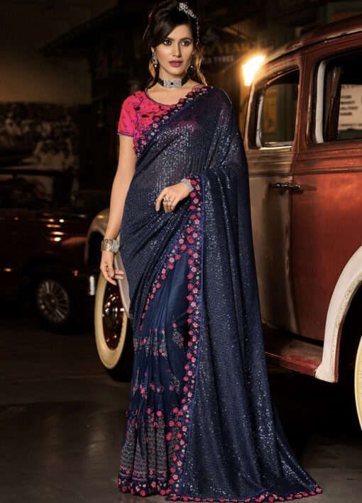 Blue Digital Net Heavy Mirror Work Saree