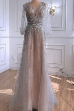 Nude Cape Style Beaded Evening Gown