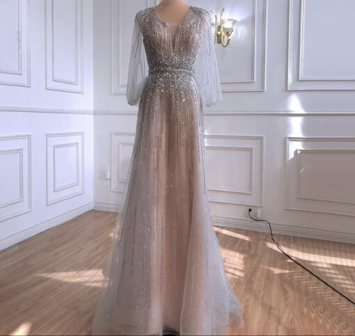 Nude Cape Style Beaded Evening Gown