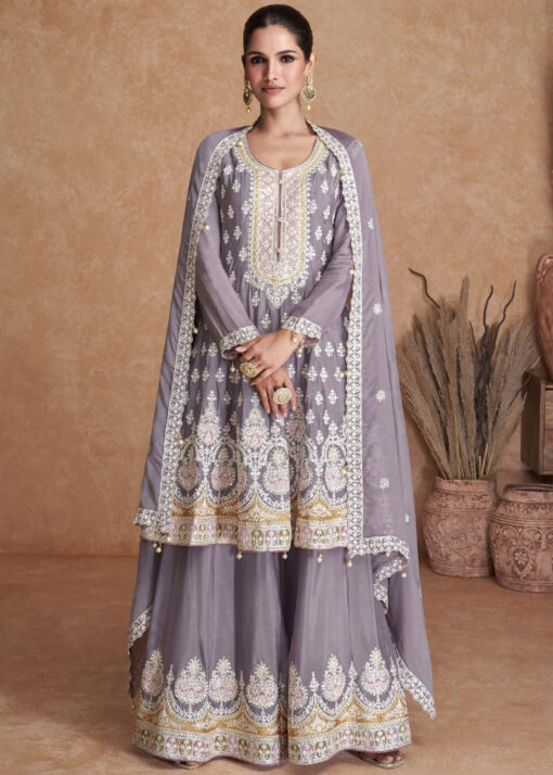 Lilac Chiffon Embroidered Sharara Suit