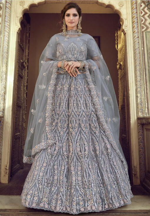 Grey Net Party Wear Lehenga Choli