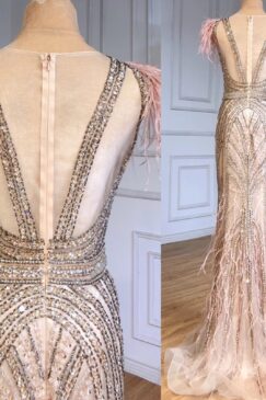 Alternative view of Heavily Beaded Nude Feathered Evening Dress