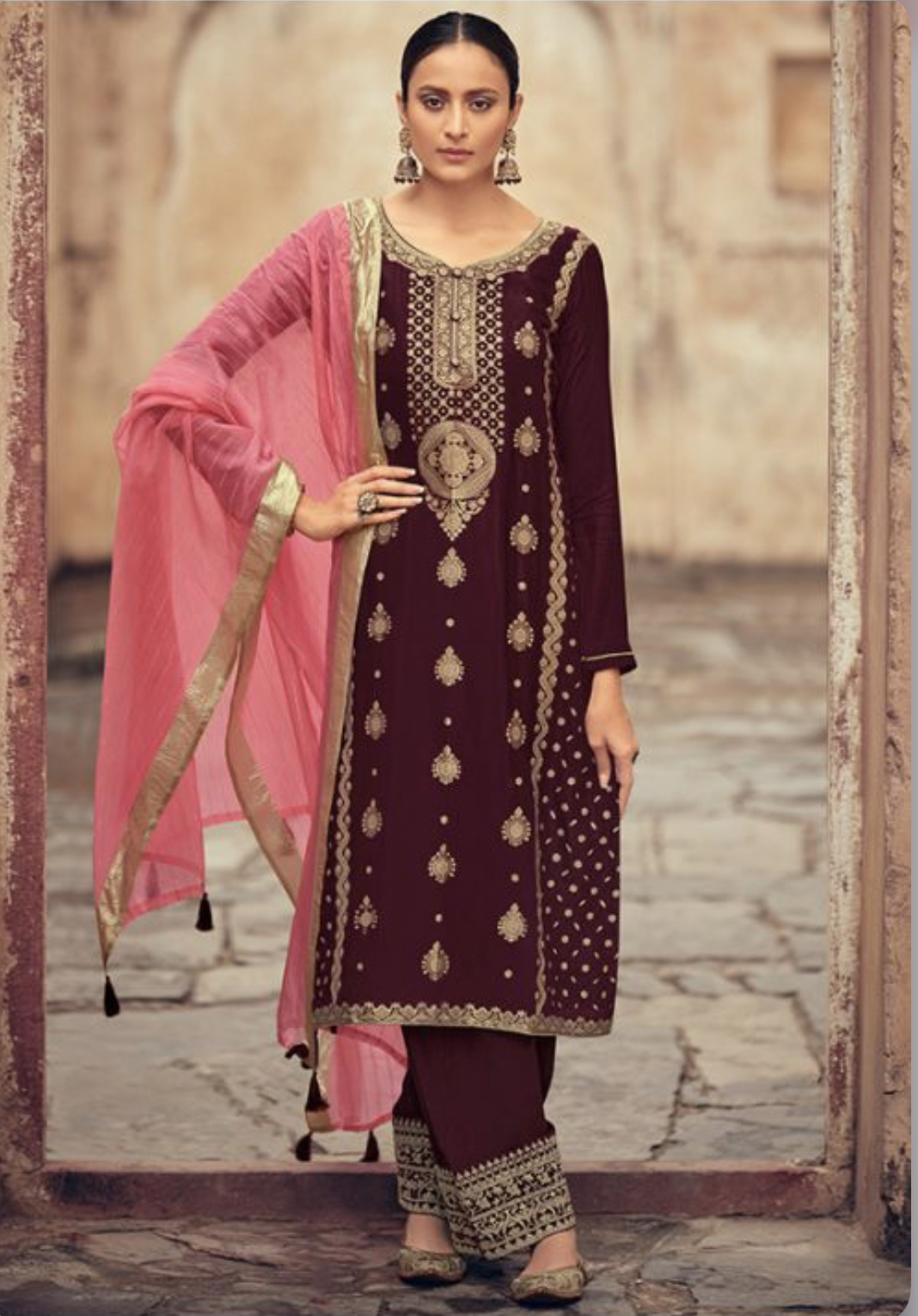 Burgundy Jacquard Silk Embroidered Pant Suit Salwar Kameez Designer