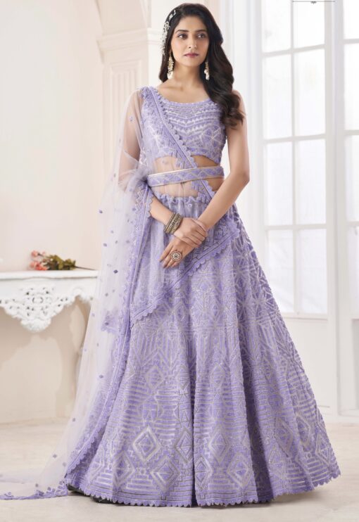 Lilac Net Embroidered Lehenga Choli
