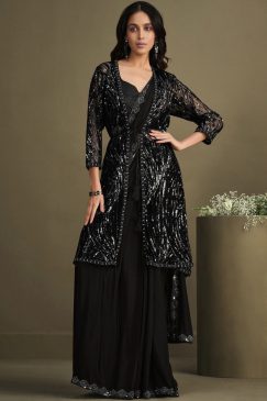 Black Pre Pleated Designer Saree With Jacket
