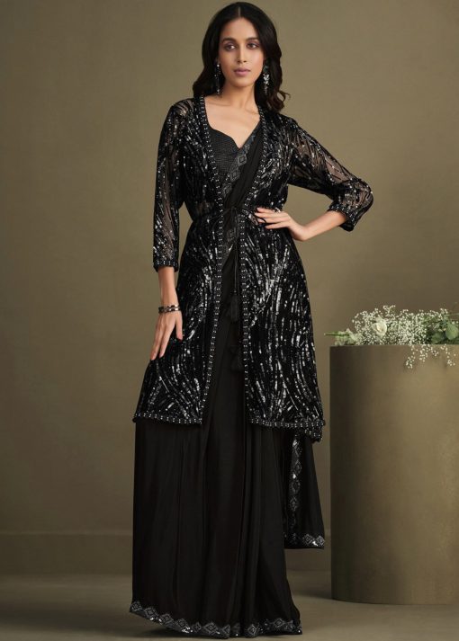 Black Pre Pleated Designer Saree With Jacket