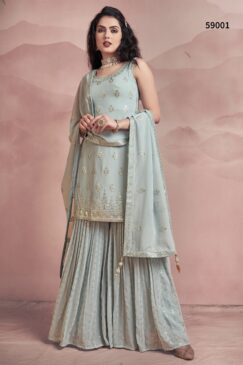 Smoke Blue Georgette Embroidered Sharara Suit