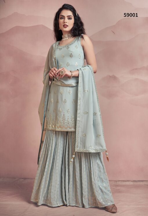 Smoke Blue Georgette Embroidered Sharara Suit