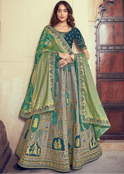 Grey Woven Silk Embroidered Bridal Lehenga Choli