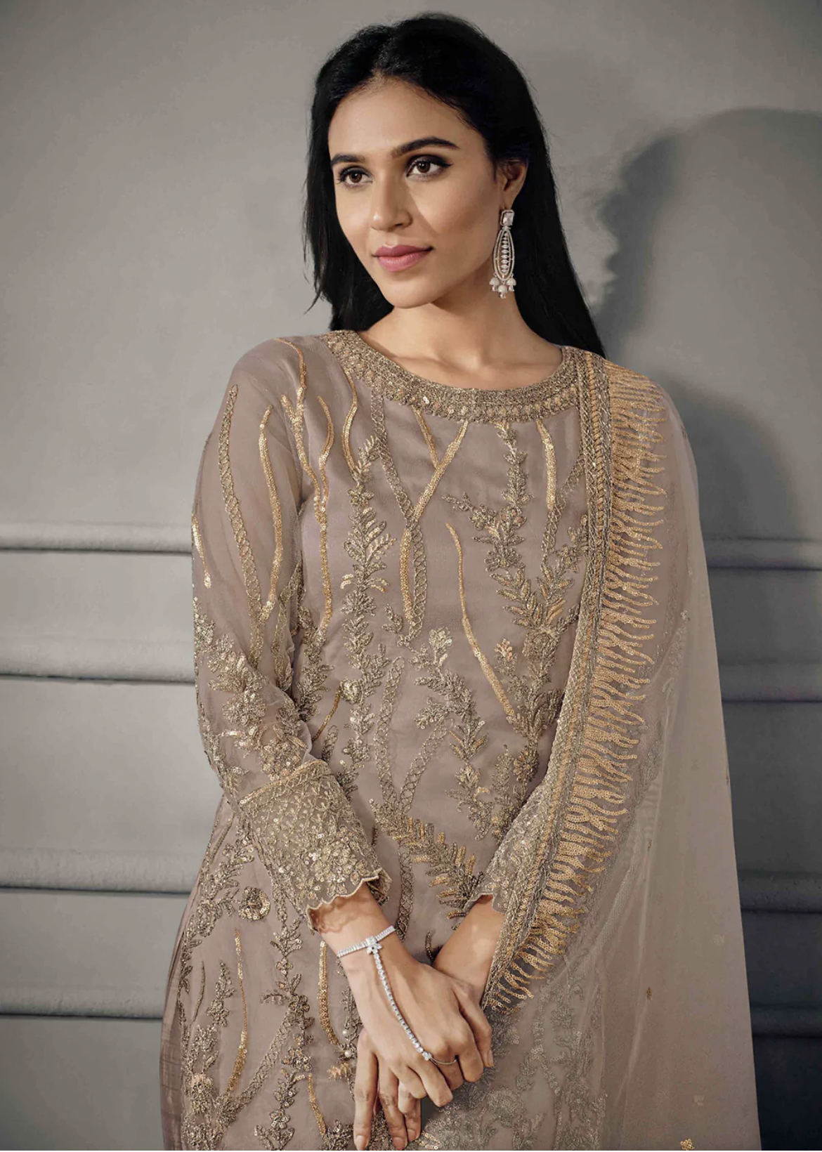 Beige Straight Cut Pant Suit Salwar Kameez Designer Collection