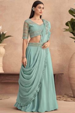 Blue Lehenga Style Saree With Belt