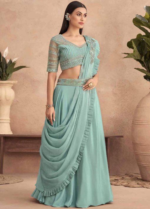 Blue Lehenga Style Saree With Belt