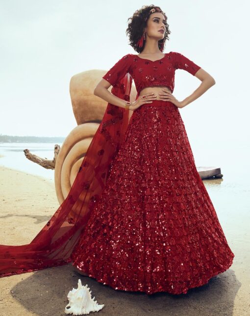 Red Soft Net Sequinned Lehenga Choli