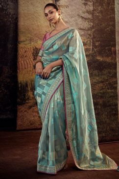 Blue Fancy Fabric Embroidered Wedding Saree