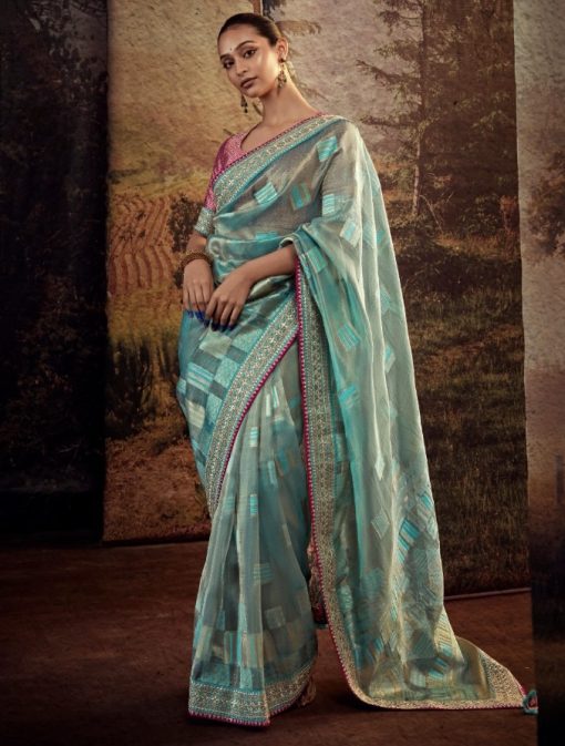 Blue Fancy Fabric Embroidered Wedding Saree