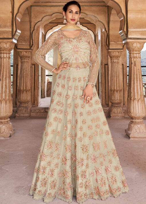 Off White Soft Net Embroidered Anarkali Suit