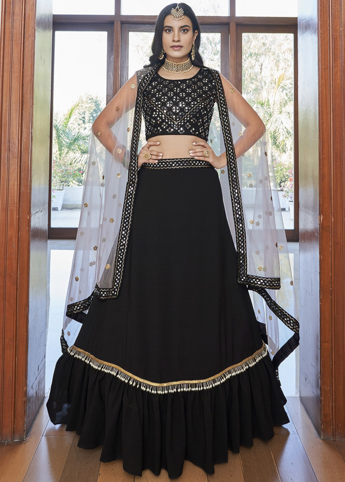 Black Party Wear Silk Frill Lehenga Choli Lehengas Designer