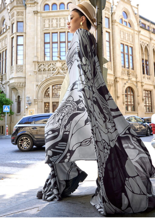 Grey Abstract Print Satin Saree