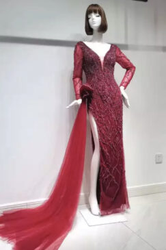 Ruby Red Front Slit Beaded Evening Gown Dress