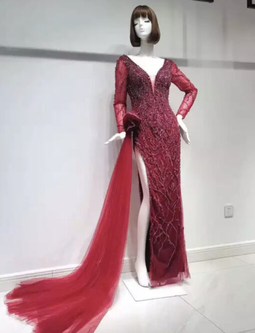 Ruby Red Front Slit Beaded Evening Gown Dress