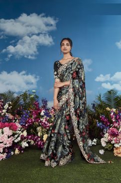 Black Color Beautiful Flower Print Embroidery Saree