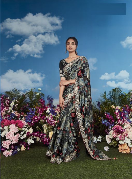 Black Color Beautiful Flower Print Embroidery Saree