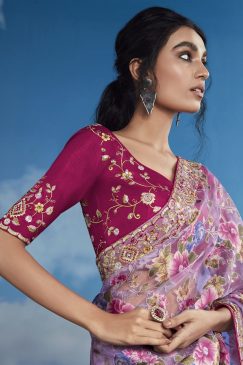 Alternative view of Purple Magenta Color Beautiful Flower Print Embroidery Saree