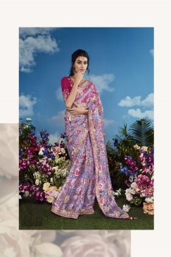 Purple Magenta Color Beautiful Flower Print Embroidery Saree