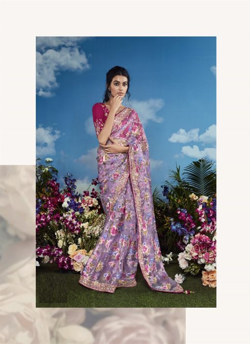 Purple Magenta Color Beautiful Flower Print Embroidery Saree