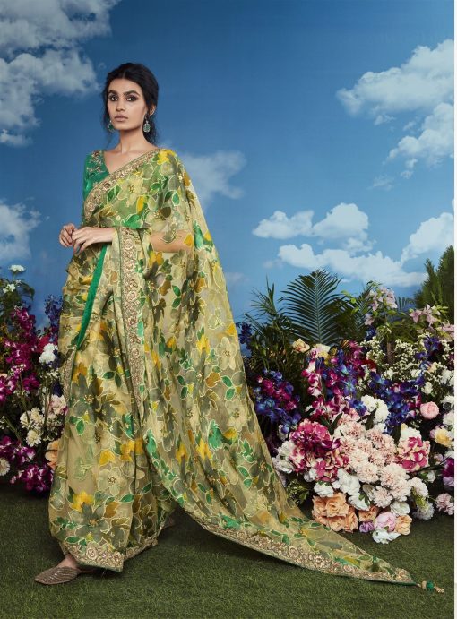 Greenish Cyan Color Beautiful Flower Print Embroidery Saree
