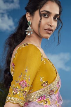 Alternative view of Yellow Orange Color Beautiful Flower Print Embroidery Saree