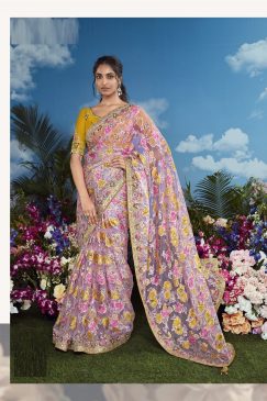 Yellow Orange Color Beautiful Flower Print Embroidery Saree