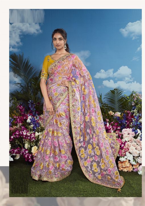 Yellow Orange Color Beautiful Flower Print Embroidery Saree