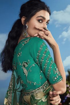 Alternative view of Dark Green Color Beautiful Flower Print Embroidery Saree