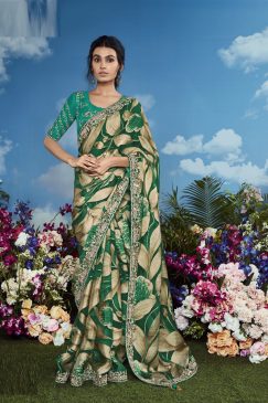 Dark Green Color Beautiful Flower Print Embroidery Saree