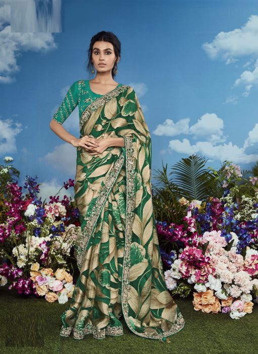 Dark Green Color Beautiful Flower Print Embroidery Saree