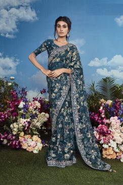Dark Blue grey Color Beautiful Flower Print Embroidery Saree