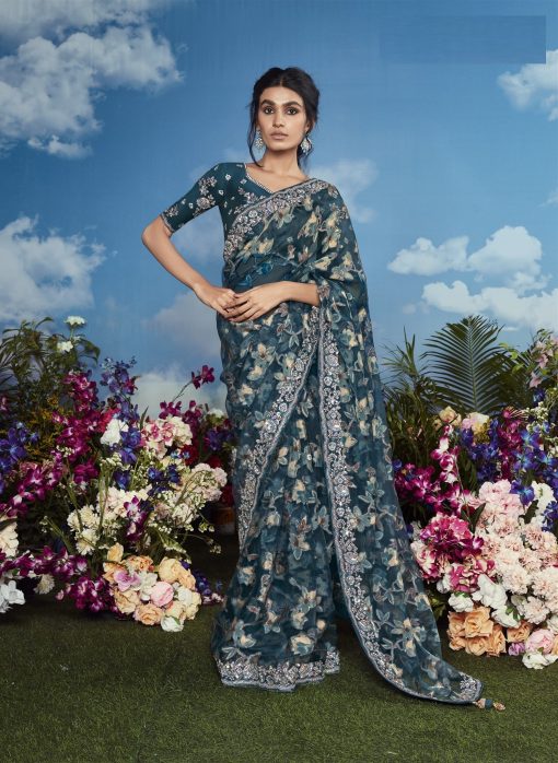 Dark Blue grey Color Beautiful Flower Print Embroidery Saree