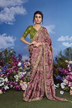 Green & Turkish Rose Color Beautiful Flower Print Embroidery Saree