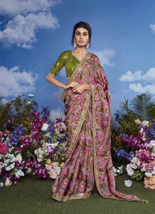 Green & Turkish Rose Color Beautiful Flower Print Embroidery Saree