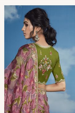 Alternative view of Green & Turkish Rose Color Beautiful Flower Print Embroidery Saree