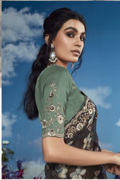 Alternative view of Dark Grey Color Beautiful Flower Print Embroidery Saree