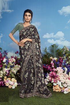 Dark Grey Color Beautiful Flower Print Embroidery Saree