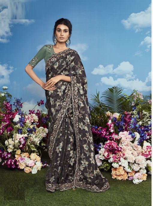 Dark Grey Color Beautiful Flower Print Embroidery Saree