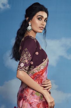 Alternative view of Brown & Purple Color Beautiful Flower Print Embroidery Saree