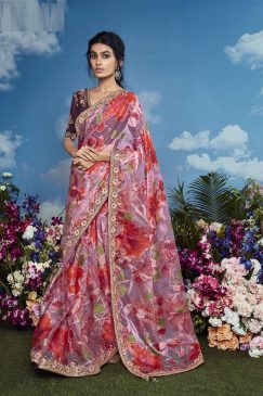 Brown & Purple Color Beautiful Flower Print Embroidery Saree